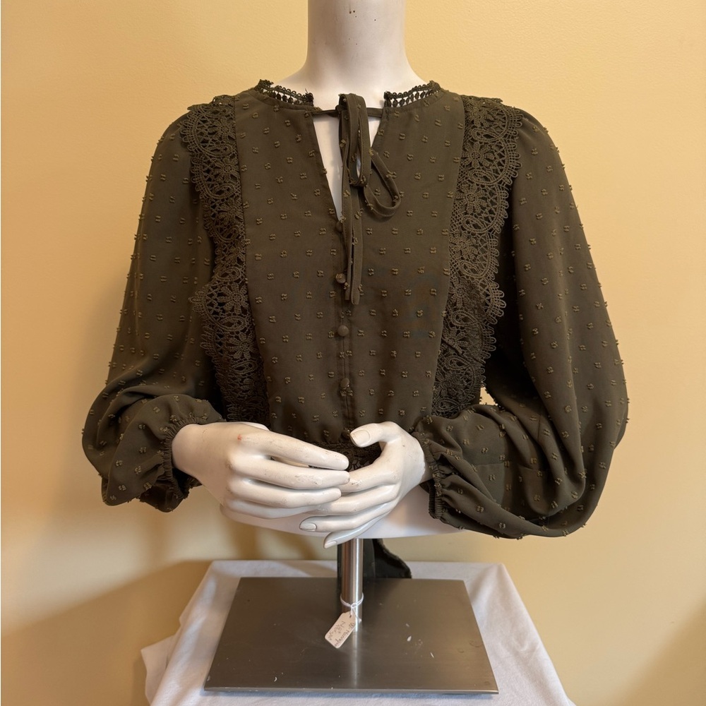 Mine Olive Green Lace Detail Women's Top Size M